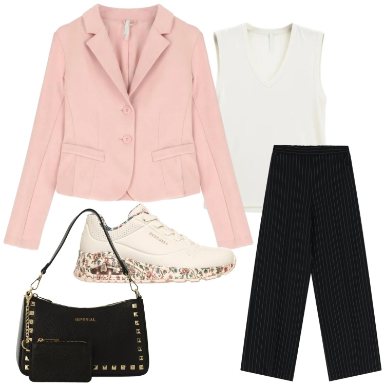 Outfit donna - Chic casual. Stile Chic per Ufficio. Abbinamento con top, pantaloni a palazzo, borse a spalla, blazer, sneakers alte.