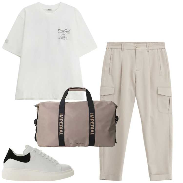 Outfit uomo - Weekend. Stile Casual per Tutti i giorni. Abbinamento con pantaloni cargo, t-shirt, sneakers, borse sportive.