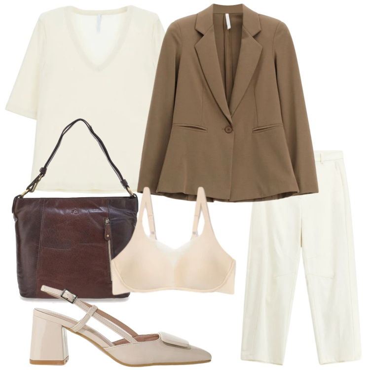 Outfit donna - Classico ufficio. Stile Casual per Ufficio. Abbinamento con reggiseni, blazer, décolleté, t-shirt, pantaloni, borse a spalla.