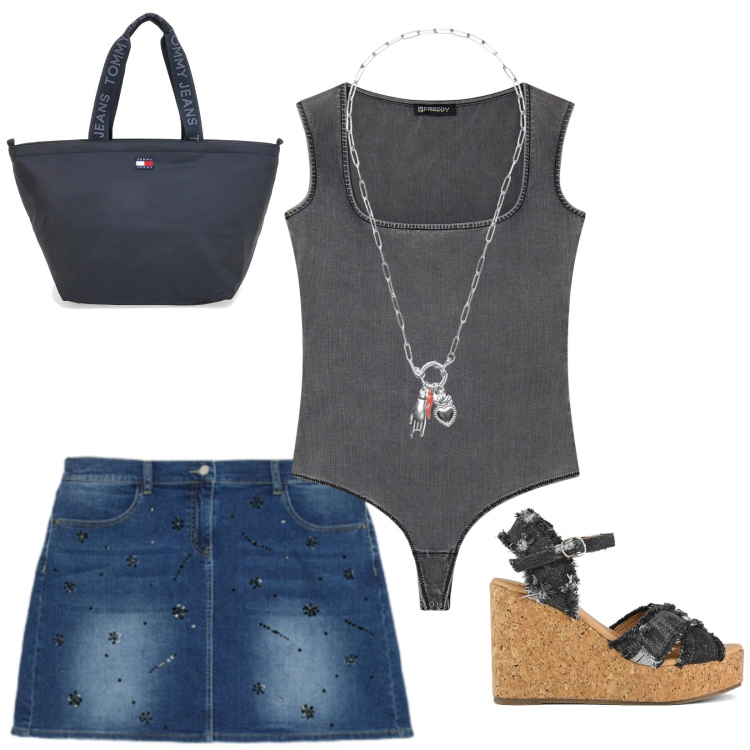 Outfit donna - Passeggiata estiva. Stile Casual per Tutti i giorni. Abbinamento con minigonne, ciondoli, top, zeppe, borse tote.