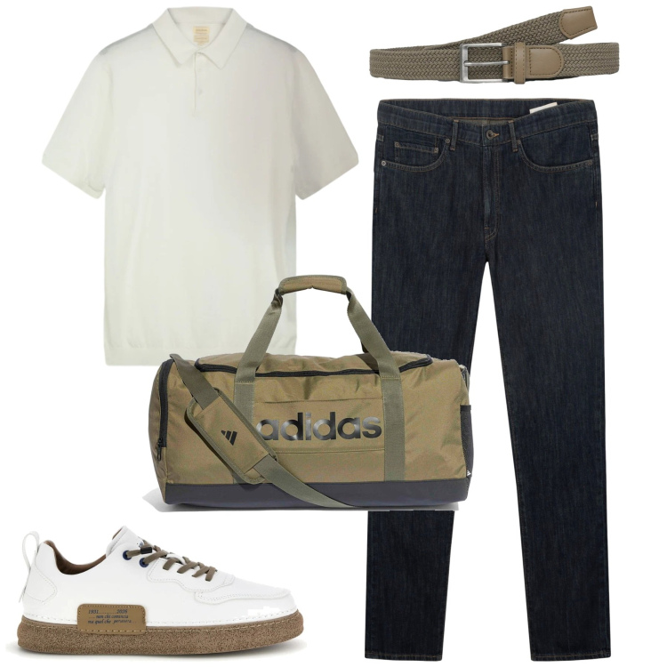 Outfit uomo - Aprile. Stile Urban per Tutti i giorni. Abbinamento con cinture, jeans, sneakers, polo, borse sportive.
