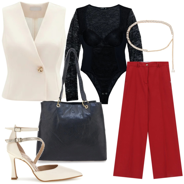 Outfit donna - Chic professionale. Stile Chic per Ufficio. Abbinamento con body, pantaloni a palazzo, gilet, cinture, shopping bag, décolleté.