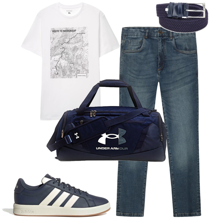 Outfit uomo - Aprile. Stile Casual per Tutti i giorni. Abbinamento con t-shirt, borse sportive, cinture, jeans, sneakers.