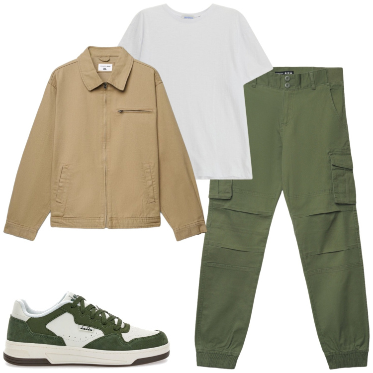 Outfit uomo - Aprile. Stile Casual per Tutti i giorni. Abbinamento con cappotti, pantaloni cargo, t-shirt, sneakers.