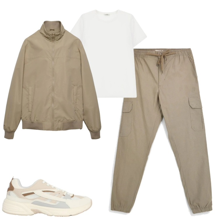 Outfit uomo - Aprile. Stile Casual per Tutti i giorni. Abbinamento con sneakers, bomber, t-shirt, pantaloni cargo.