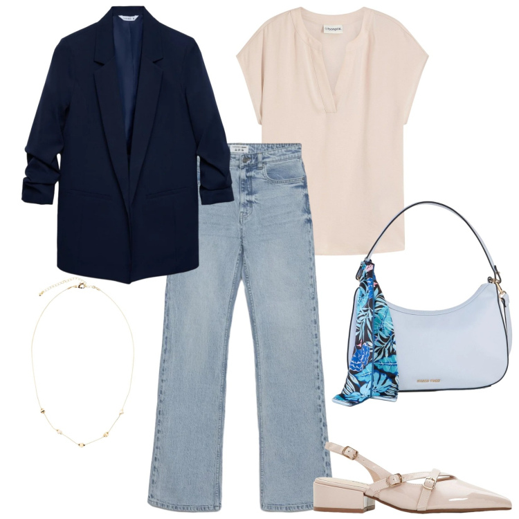 Outfit donna - Total look #2381384. Stile Casual per Ufficio. Abbinamento con bluse, décolleté, borse a mano, collane, blazer, jeans bootcut.