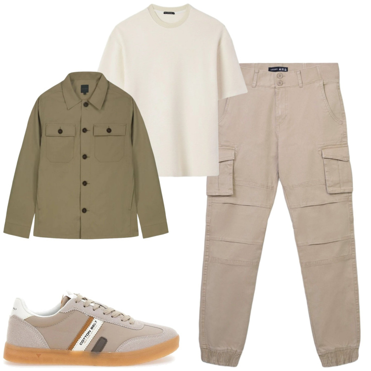 Outfit uomo - Aprile. Stile Casual per Tutti i giorni. Abbinamento con pantaloni cargo, t-shirt, sneakers, cappotti.
