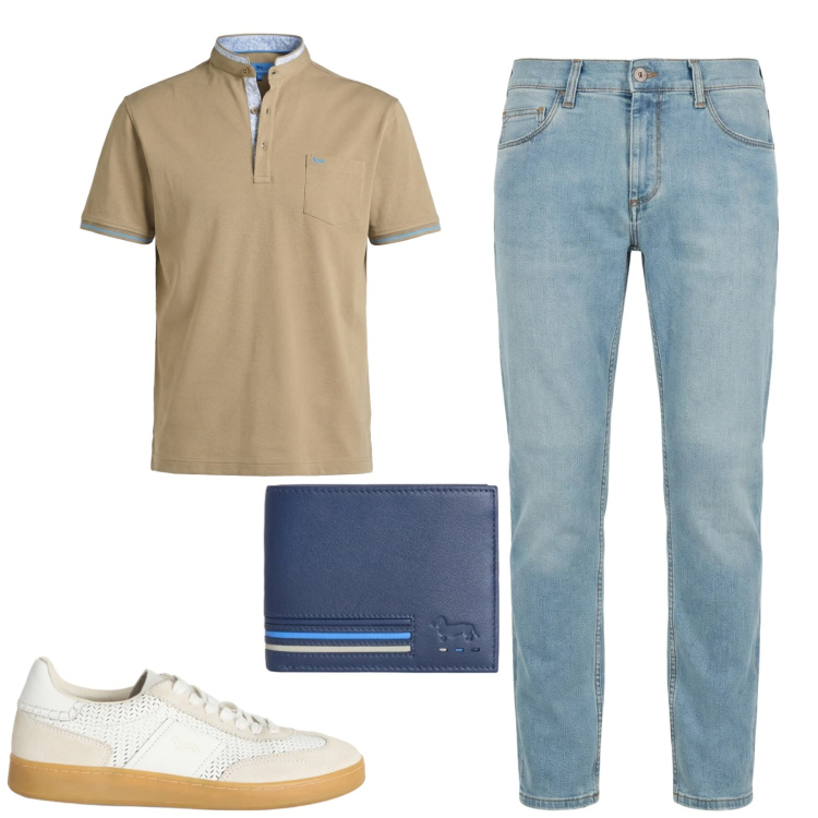 Outfit uomo - City. Stile Urban per Tutti i giorni. Abbinamento con jeans slim fit, sneakers, portafogli, polo.