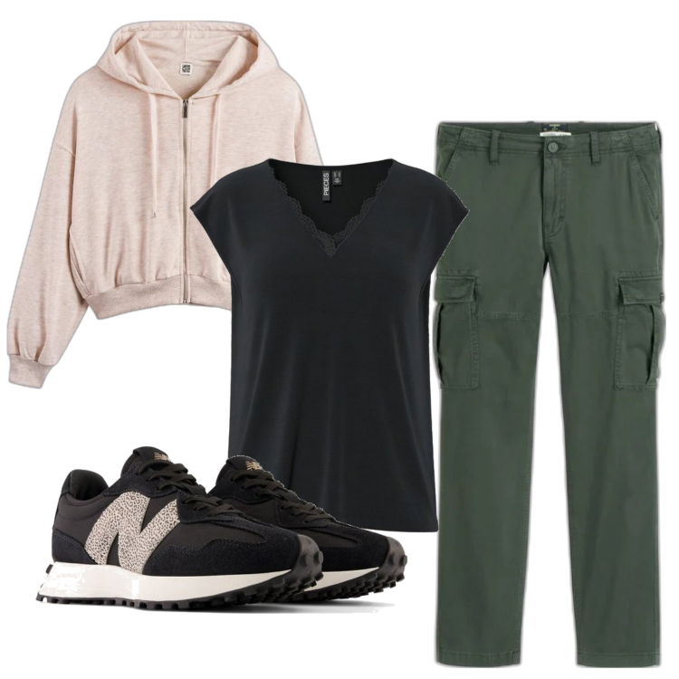 Outfit mujer - Sporty chic #931. Estilo Sporty chic para Todos los días. Combinación con pantalones cargo, sneakers, camiseta, sudaderas con capucha.