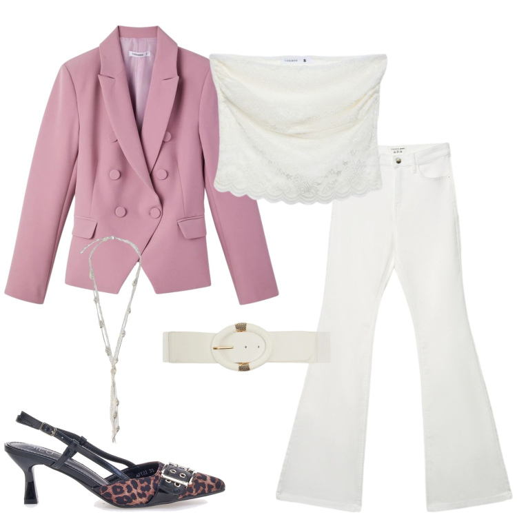 Outfit donna - Total look #2381400. Stile Romantica per Tutti i giorni. Abbinamento con top, cinture, jeans a zampa, blazer, collane, décolleté.