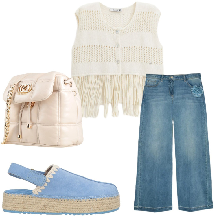 Outfit donna - Denim look. Stile Minimal per Tutti i giorni. Abbinamento con espadrillas, valigie, jeans, top.