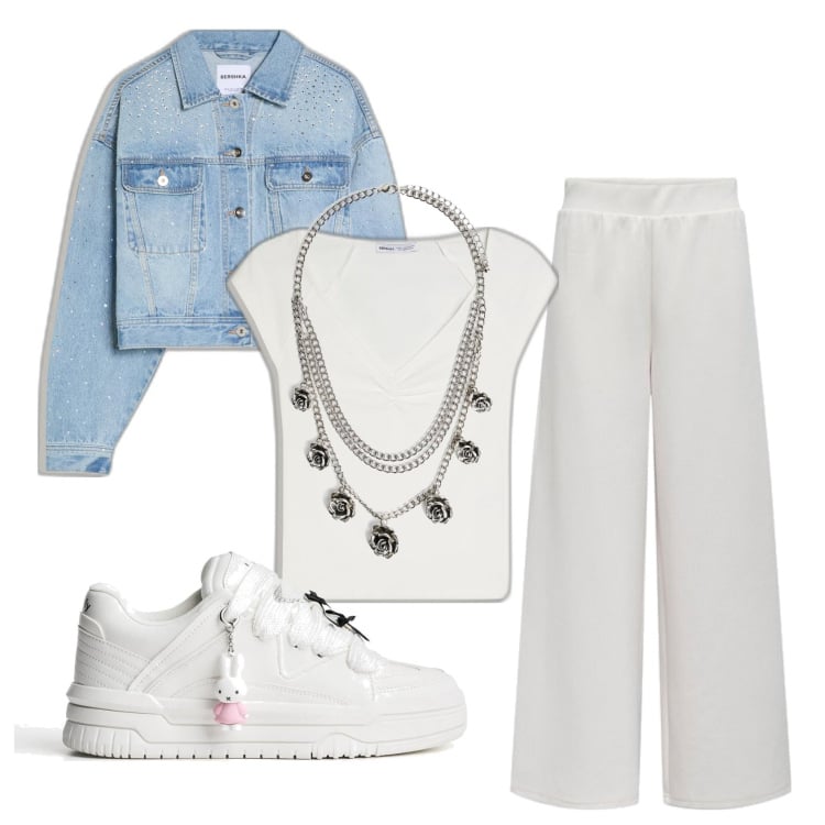 Outfit mujer - Basic #1615. Estilo Basic para Todos los días. Combinación con pantalones, camiseta, colgantes, sneakers, blazers.