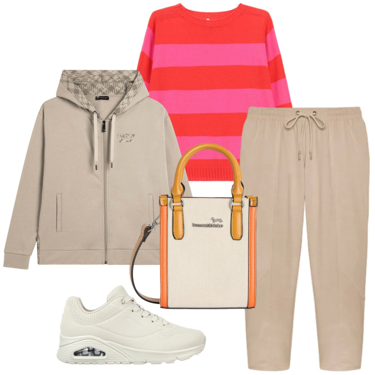 Outfit donna - Total look #2381411. Stile Sporty chic per Tutti i giorni. Abbinamento con maglieria, pantaloni, borse tote, felpe con cappuccio, sneakers.
