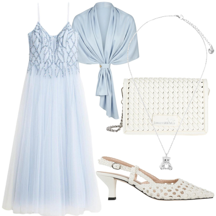 Outfit donna - Nuvolando. Stile Chic per Cerimonia. Abbinamento con décolleté, vestiti lunghi, stole, borse a tracolla, ciondoli.