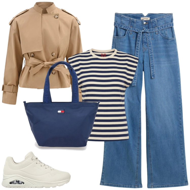 Outfit donna - Nel week end sporty liberty. Stile Sporty chic per Tutti i giorni. Abbinamento con jeans, caban, t-shirt, sneakers, borse tote.