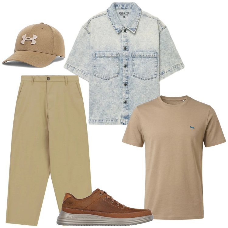 Outfit uomo - Storie primaverili. Stile Casual per Tutti i giorni. Abbinamento con camicie a manica corta, pantaloni, t-shirt, scarpe stringate, cappelli con visiera.