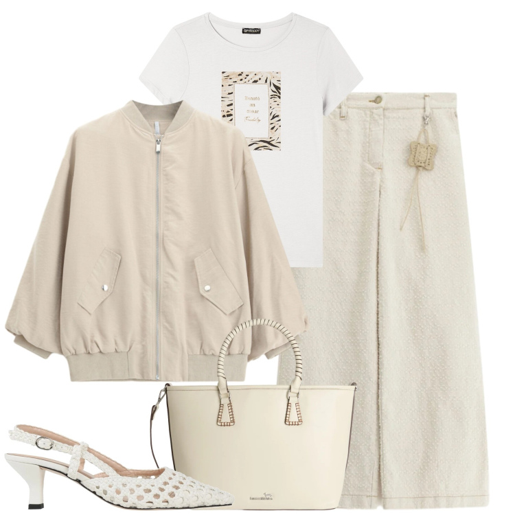 Outfit donna - White. Stile Casual chic per Tutti i giorni. Abbinamento con décolleté, pantaloni a palazzo, shopping bag, bomber, t-shirt.