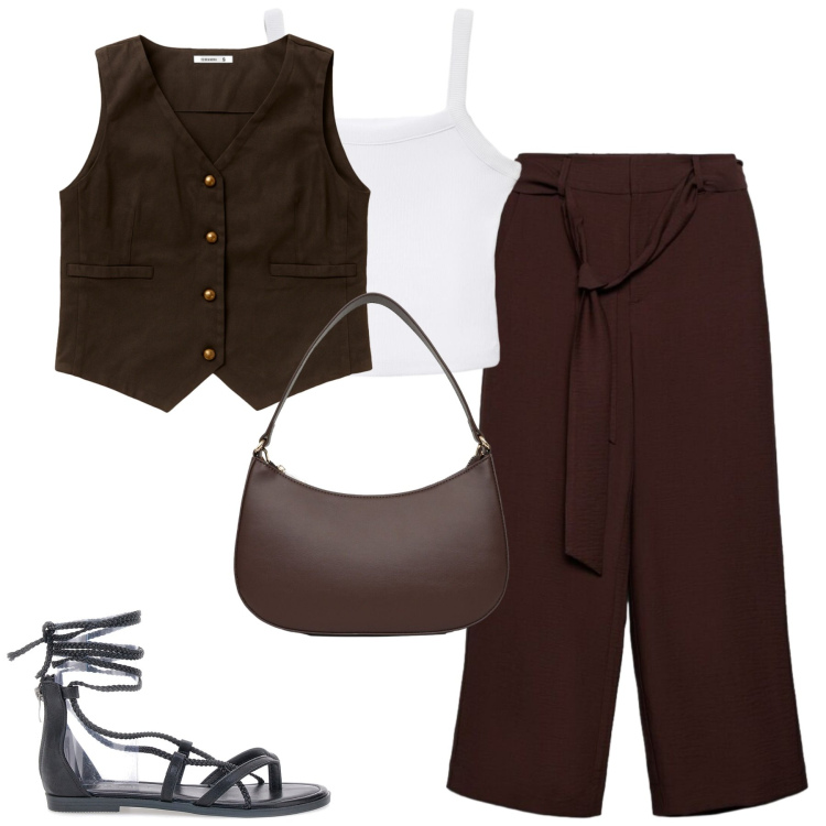 Outfit donna - Cacao. Stile Casual chic per Tutti i giorni. Abbinamento con pantaloni a palazzo, gilet, canottiere, borse a tracolla, sandali alla schiava.