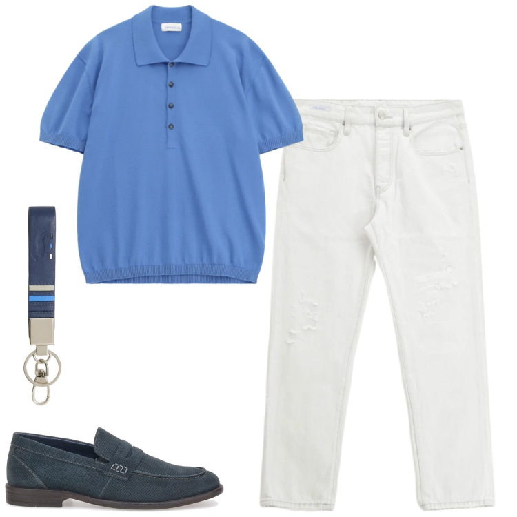 Outfit uomo - Aprile. Stile Urban per Tutti i giorni. Abbinamento con jeans dritti, polo, portachiavi, scarpe stringate.