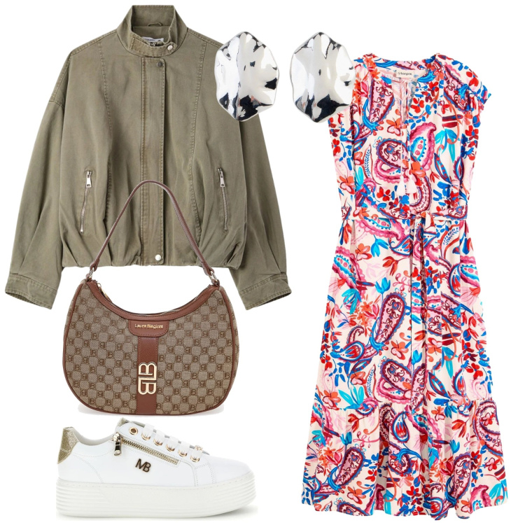 Outfit donna - Total look #2381424. Stile Romantica per Tutti i giorni. Abbinamento con vestiti chemisier, orecchini, bomber, borse a spalla, sneakers.