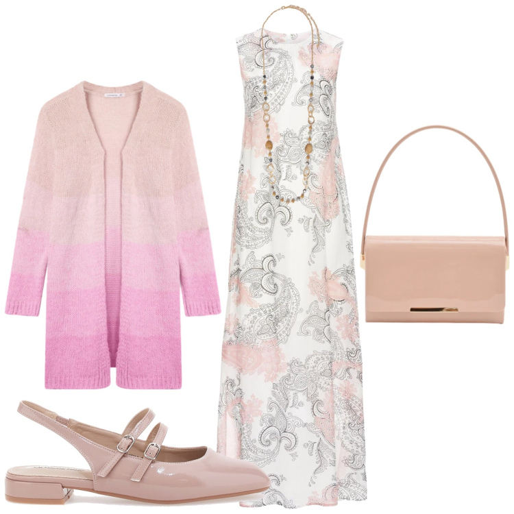 Outfit donna - Total look #2381426. Stile Romantica per Ufficio. Abbinamento con vestiti lunghi, cardigans, collane, pochette, ballerine.
