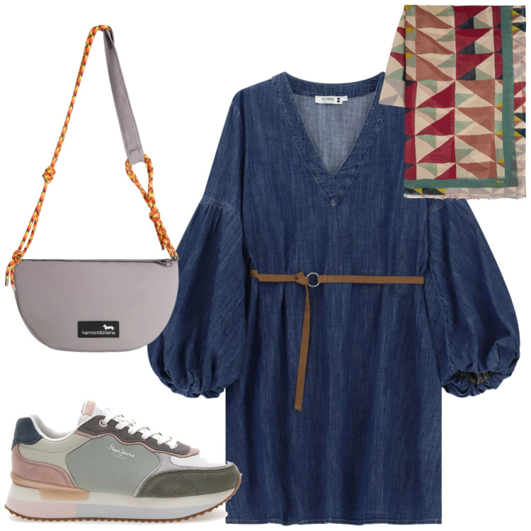 Outfit donna - Total look #2381427. Stile Trendy per Tutti i giorni. Abbinamento con vestiti corti, sciarpe, borse a tracolla, sneakers.