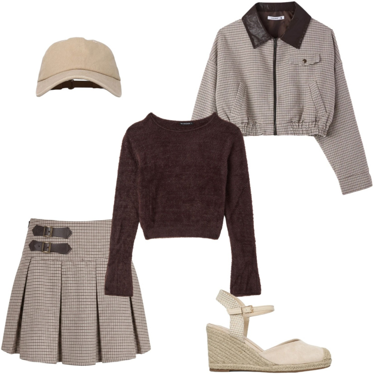 Outfit donna - Terranova Switching style. Stile Trendy per Tutti i giorni. Abbinamento con cappotti, pullovers, minigonne, zeppe, cappelli con visiera.