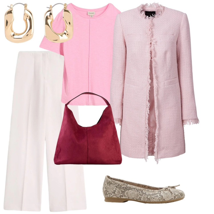 Outfit donna - Cool spring. per Tutti i giorni. Abbinamento con blazer, t-shirt, ballerine, borse a spalla, pantaloni, orecchini.