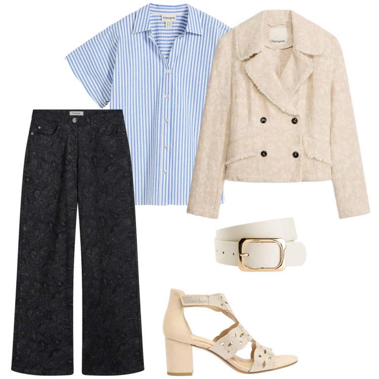 Outfit donna - Cool spring. per Scuola/Università. Abbinamento con cinture, pantaloni, sandali col tacco, blazer, camicie a manica corta.