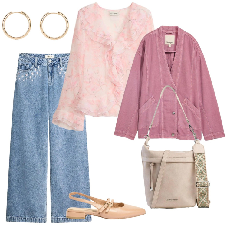 Outfit donna - Cool spring. per Tutti i giorni. Abbinamento con jeans, blazer, bluse, ballerine, borse a tracolla, orecchini.