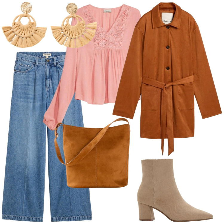 Outfit donna - Cool spring. per Tutti i giorni. Abbinamento con borse a mano, jeans, bluse, stivaletti, trench, orecchini.