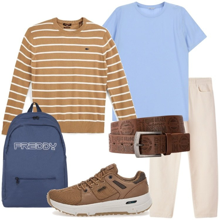 Outfit uomo - Stile casual di aprile. Stile Casual per Tutti i giorni. Abbinamento con cinture, pantaloni, t-shirt, borse sportive, sneakers, pullovers.