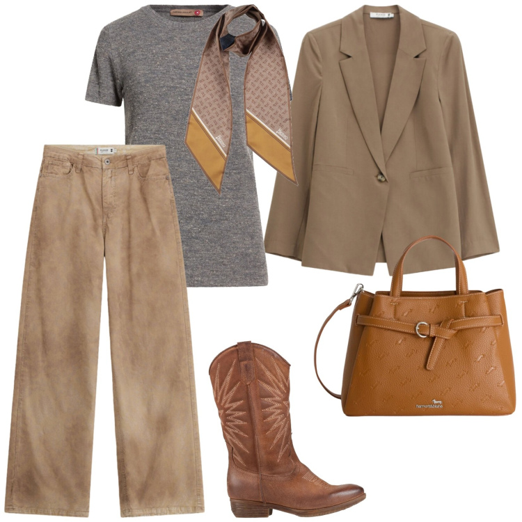 Outfit donna - A lavoro. per Ufficio. Abbinamento con stivali, sciarpe, pullovers, pantaloni a palazzo, blazer, borse a mano.