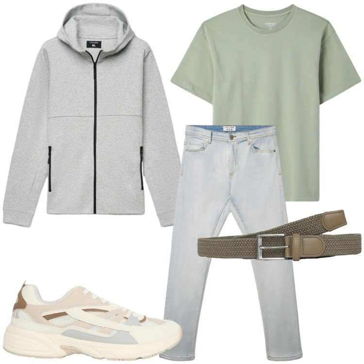 Outfit uomo - Denim di stagione. Stile Casual per Tutti i giorni. Abbinamento con cinture, sneakers, felpe con cappuccio, jeans skinny, t-shirt.