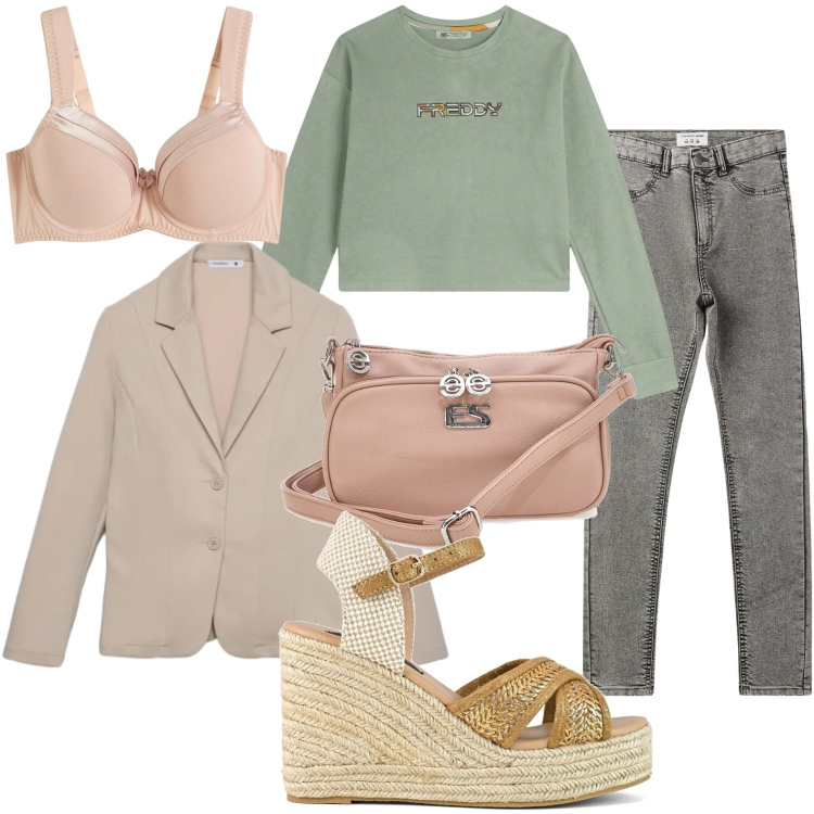 Outfit donna - Slim fit moderno. Stile Minimal per Tutti i giorni. Abbinamento con reggiseni, jeggings, blazer, felpe, zeppe, borse a tracolla.