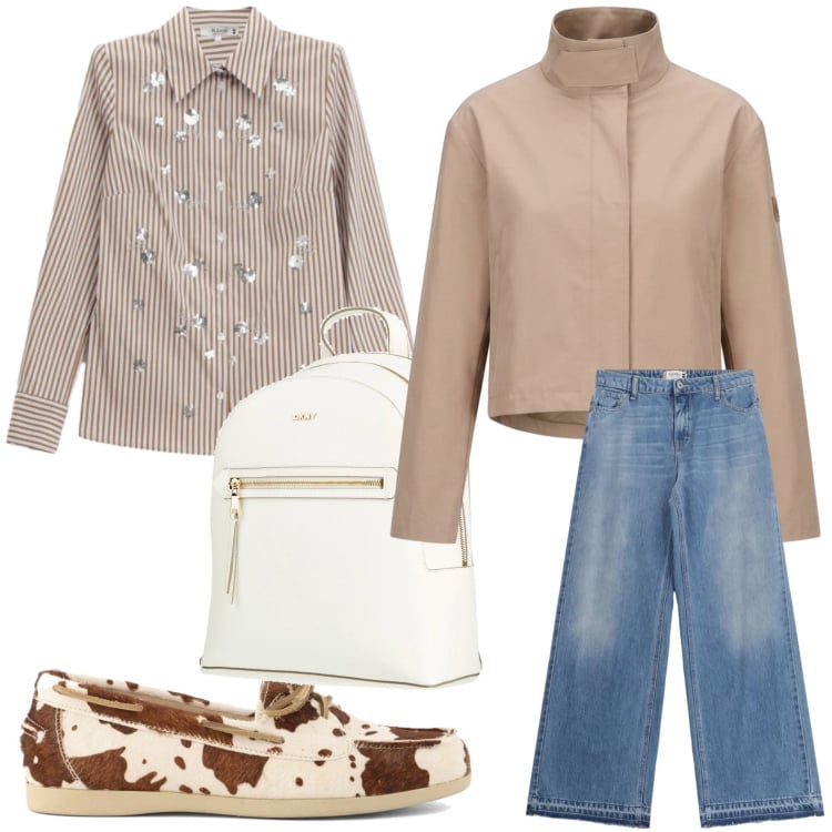 Outfit donna - Look funzionale. Stile Minimal per Tutti i giorni. Abbinamento con zaini, camicie, jeans, blazer, mocassini.