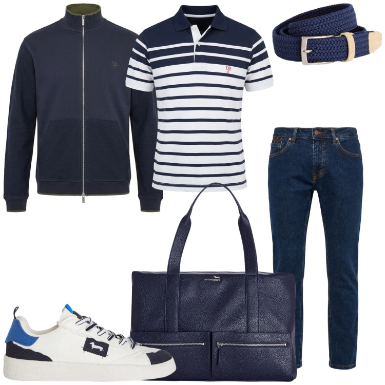 Outfit uomo - La serata con amici. Stile Casual per Tutti i giorni. Abbinamento con polo, cinture, sneakers, pantaloni, borse sportive, felpe.