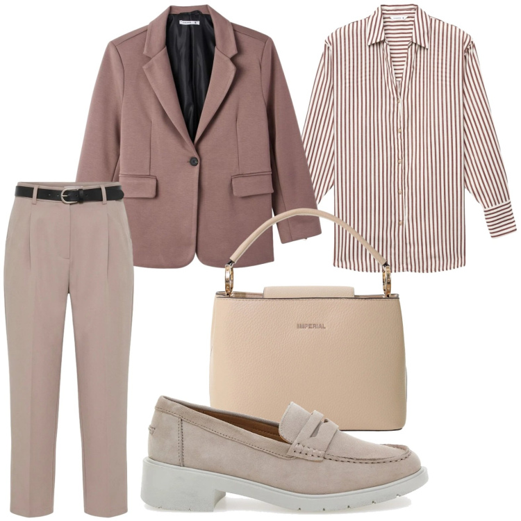 Outfit donna - Classico senza tempo. Stile Minimal per Tutti i giorni. Abbinamento con blazer, camicie, pantaloni, borse a secchiello, mocassini.