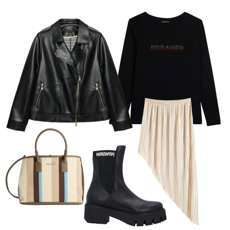 Outfit donna - Aprile ufficio. Stile Rock per Ufficio. Abbinamento con stivaletti, gonne, blazer, shopping bag, t-shirt.