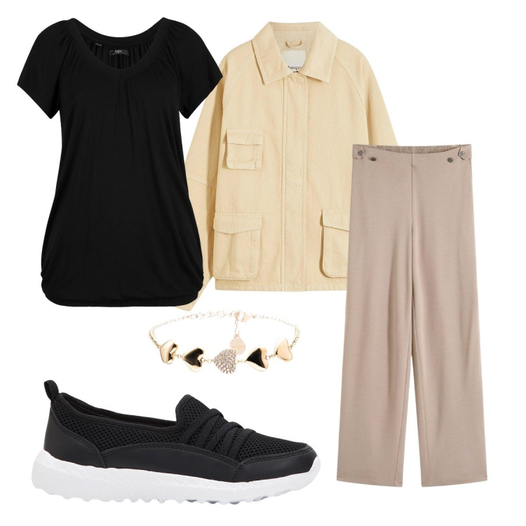 Outfit donna - Pantaloni comodi. Stile Basic per Ufficio. Abbinamento con pantaloni, sneakers, maglieria, blazer, braccialetti.