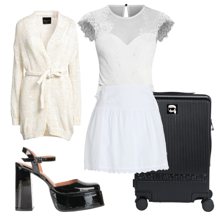 Outfit donna - Ritorno da un super weekend. Stile Sexy per Tutti i giorni. Abbinamento con minigonne, cardigans, valigie, décolleté, top.