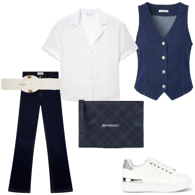 Outfit donna - Mannish e casual. Stile Mannish per Ufficio. Abbinamento con jeans a zampa, cinture, camicie a manica corta, gilet, clutch, sneakers.