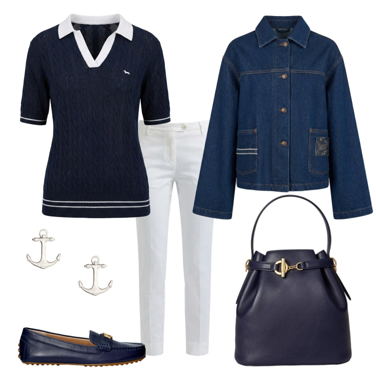 Outfit donna - Total look #2381485. Stile Chic per Ufficio. Abbinamento con polo, cappotti, pantaloni, mocassini, orecchini, borse a secchiello.