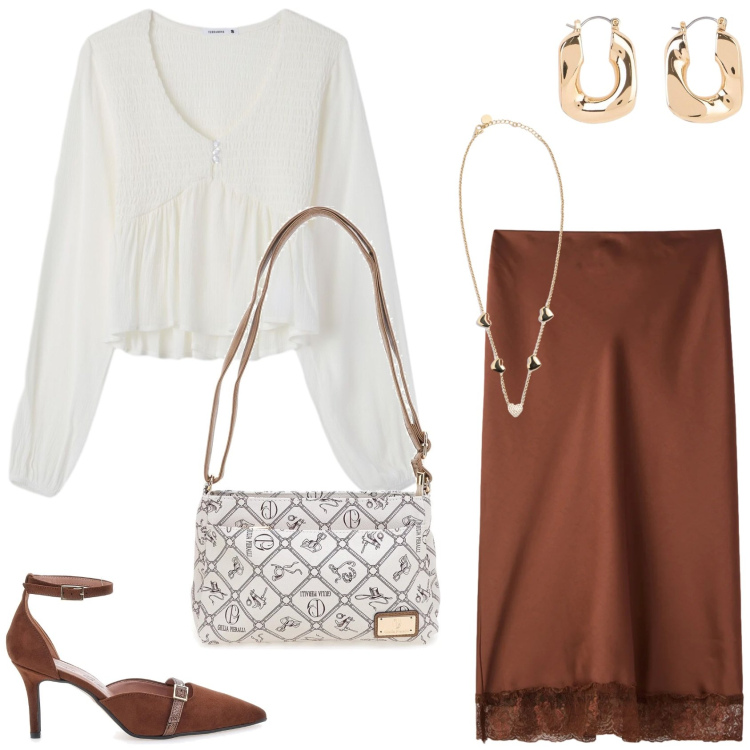 Outfit donna - Femminilità e eleganza. Stile Chic per Tutti i giorni. Abbinamento con orecchini, gonne longuette, bluse, collane, décolleté, borse a tracolla.