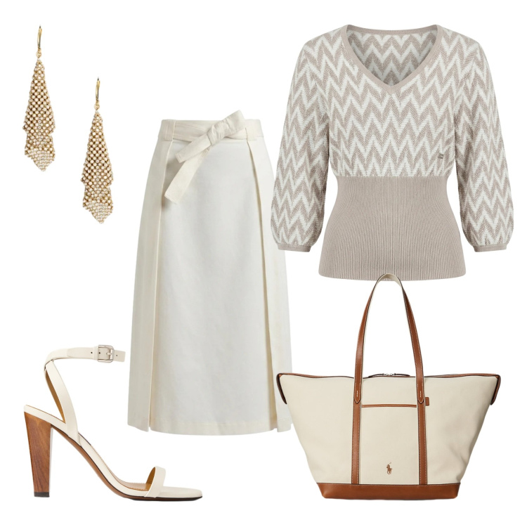Outfit donna - Total look #2381487. Stile Casual chic per Ufficio. Abbinamento con gonne longuette, maglieria, sandali in pelle, borse tote, orecchini.