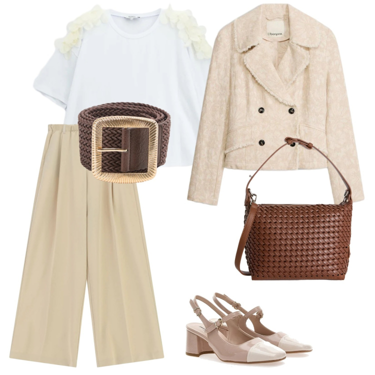 Outfit donna - Primavera soft. per Ufficio. Abbinamento con blazer, cinture, pantaloni a palazzo, t-shirt, borse a spalla, décolleté.