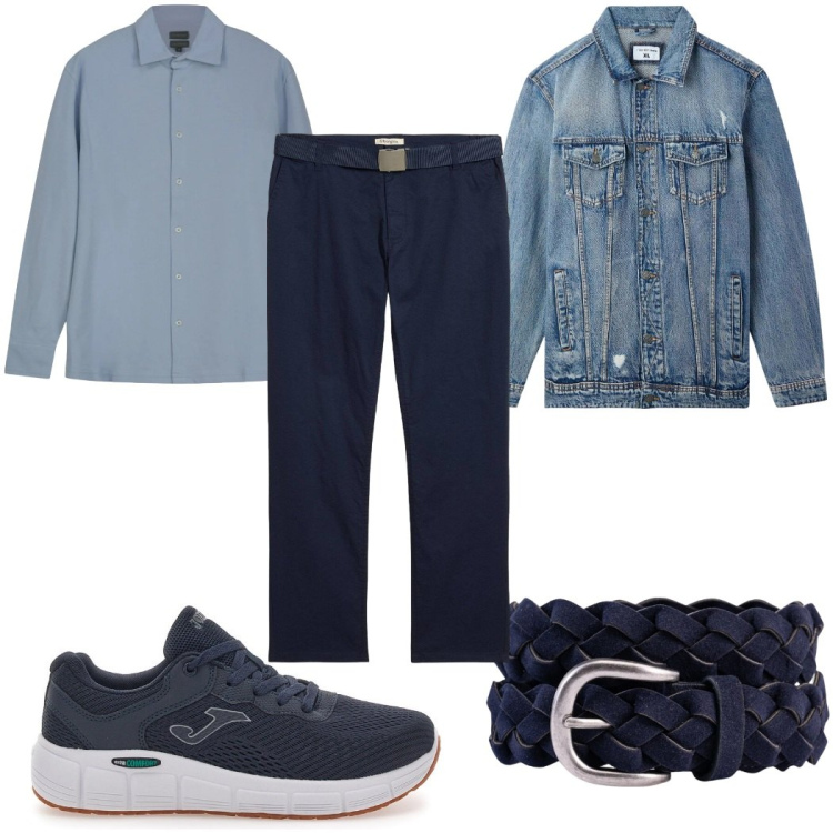 Outfit uomo - Denim di stagione: la giacca. Stile Casual per Tutti i giorni. Abbinamento con pantaloni chino, giacche, cinture, sneakers, polo.