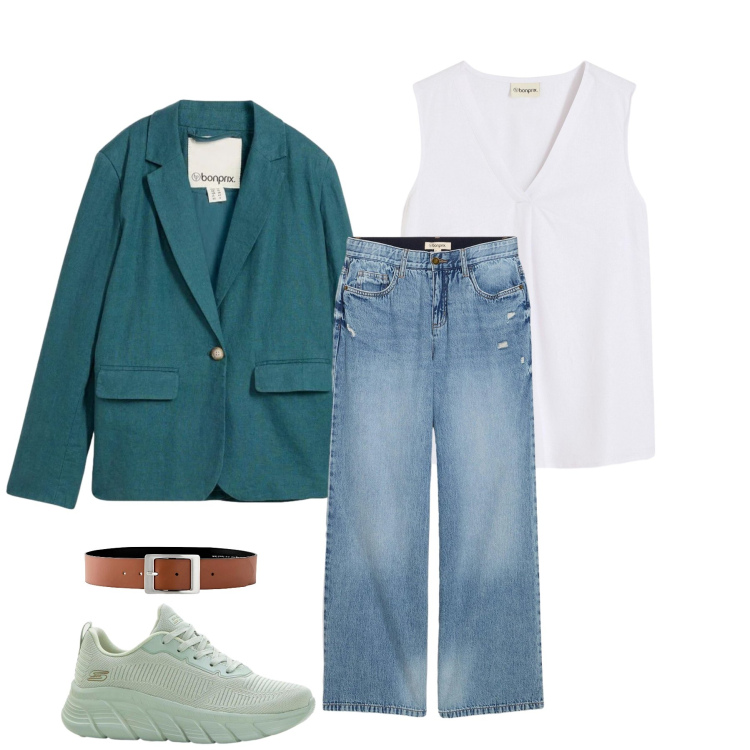 Outfit donna - Eleganza Casual in Verde Petrolio. Stile Glamour per Tutti i giorni. Abbinamento con blazer, jeans, cinture, top, sneakers.