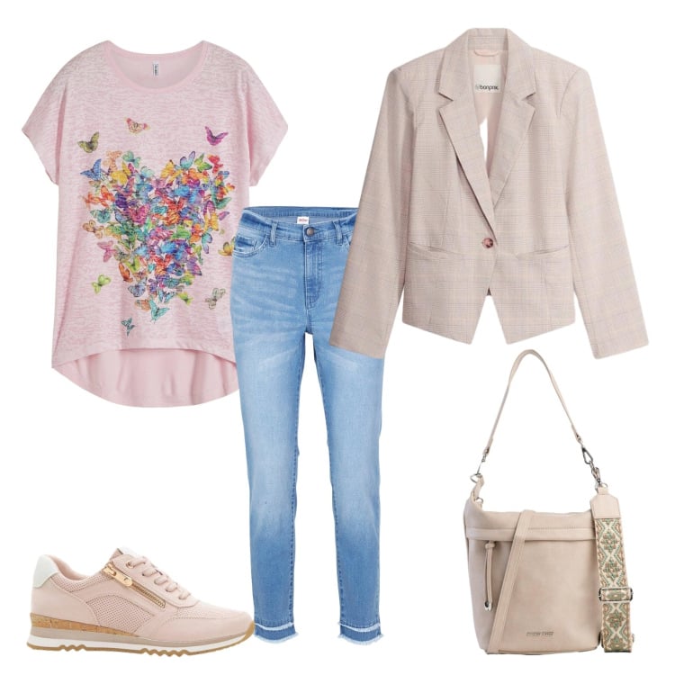 Outfit donna - Total look #2381497. Stile Casual chic per Tutti i giorni. Abbinamento con maglieria, sneakers, borse a tracolla, jeans, blazer.