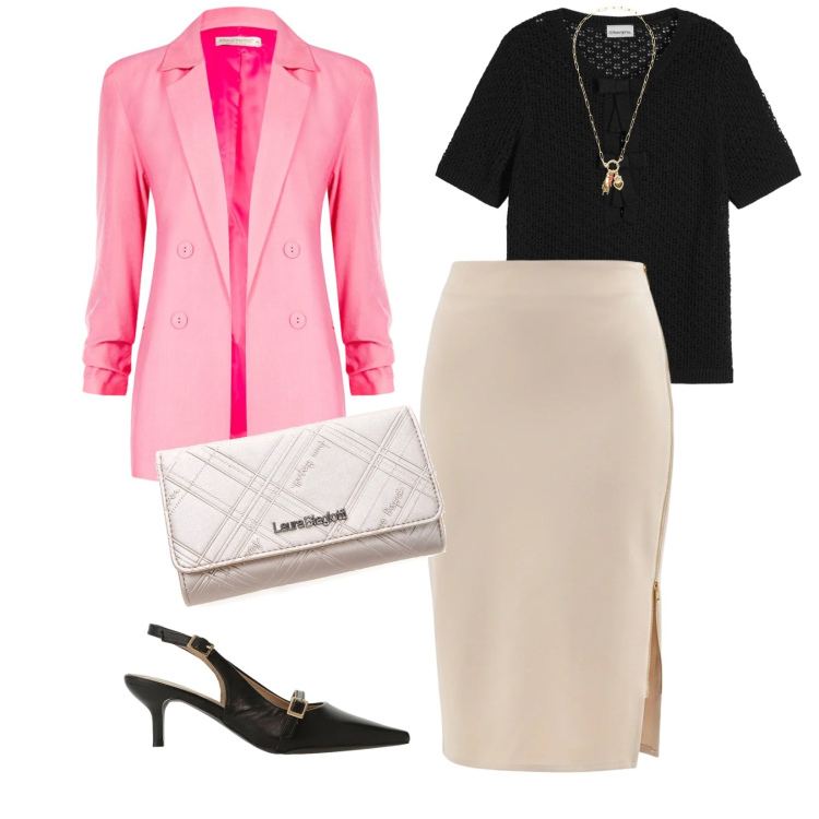 Outfit donna - La giacca rosa. per Serata fuori. Abbinamento con t-shirt, sandali col tacco, blazer, gonne longuette, ciondoli, portafogli.
